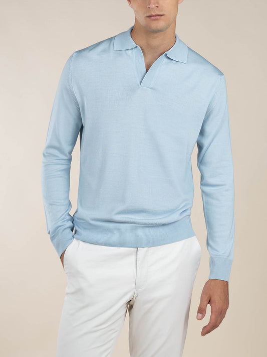 Extrafine Merino Buttonless Polo Light Blue